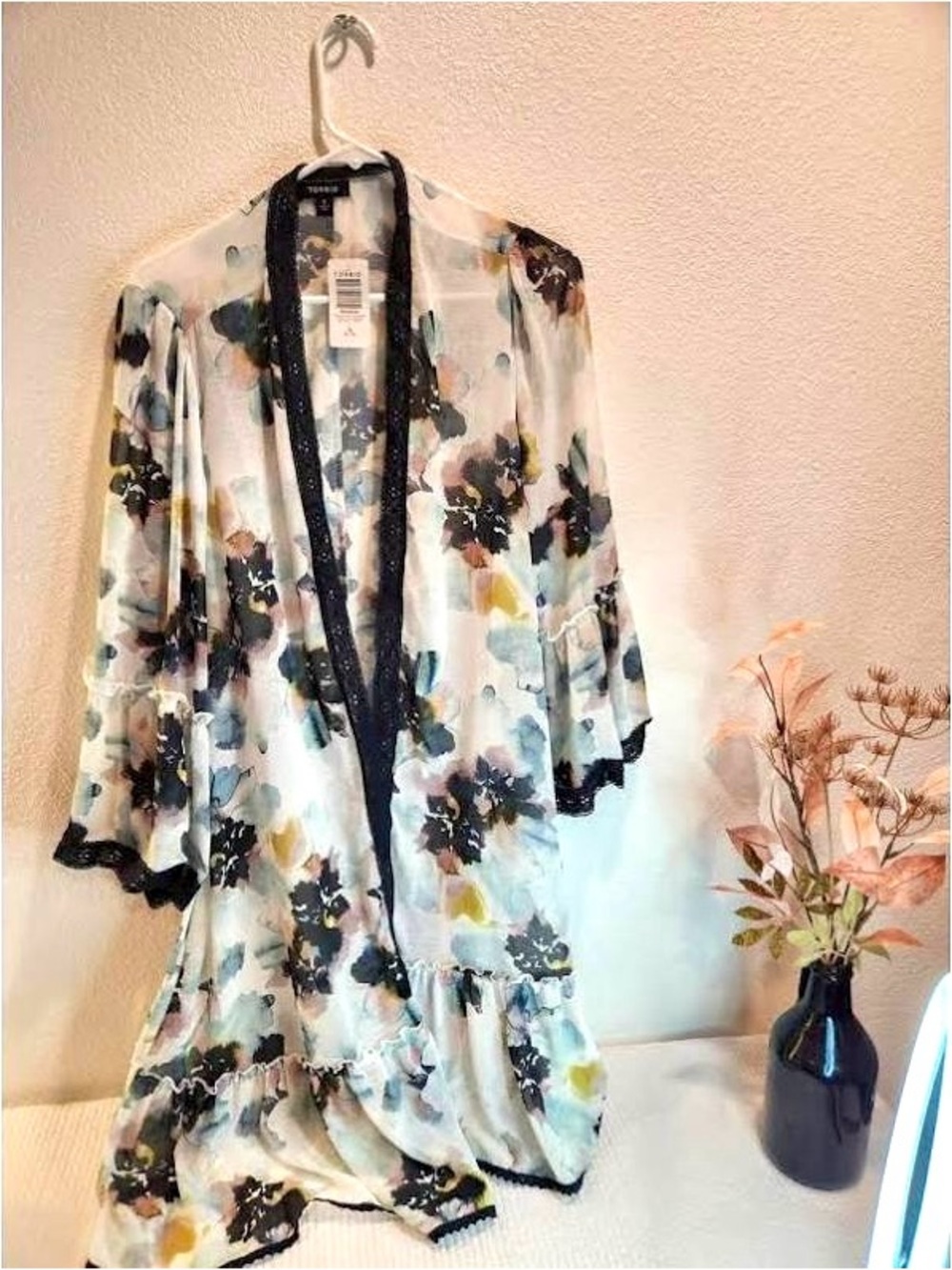 torrid Sheer Floral Overlay Kimono - Black Trim, Pastel Floral